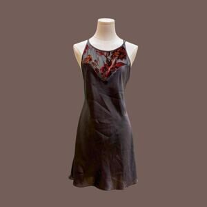 Vintage Val Mode Brown Floral Velvet Mesh Slip Dress Lingerie Size XS